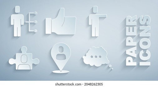 Set Worker location, Head hunting, Project team base, Speech bubble chat, Hand like and User of man business suit icon. Vector