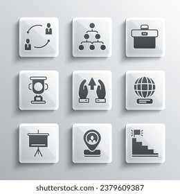 Set Worker location, Stair with finish flag, Worldwide, Growth chart and progress, Chalkboard, Award cup, Human resources and Briefcase icon. Vector