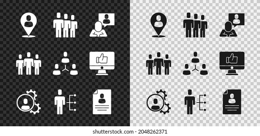 Set Worker location, Users group, Head hunting, of man business suit, Resume,  and Project team base icon. Vector