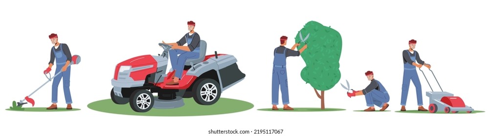 Set Worker Mow Lawn and Cutting Plants in Garden. Man Gardener Character Use Trimmer for Landscaping and Caring of Home Backyard, Cutting and Trimming Trees and Grass. Cartoon Vector Illustration