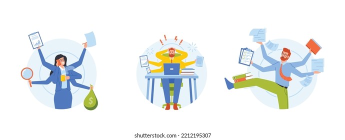 Set of Worker Multitasking Skills, Effective Time Management, Productivity Concept, Business People With Many Arms Doing Multiple Tasks At The Same Time in Office. Cartoon People Vector Illustration