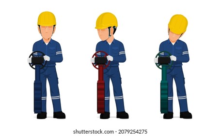 set of worker is operating butterfly valve on white background