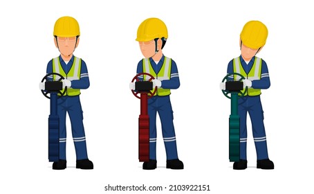set of worker is operating butterfly valve on white background
