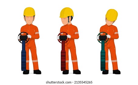 set of worker is operating butterfly valve on white background
