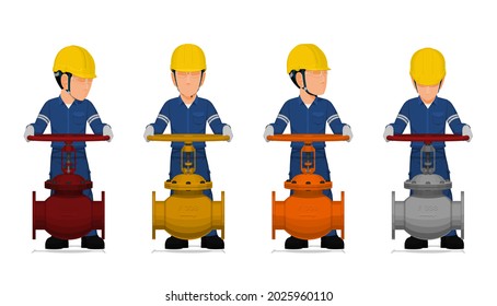 set of worker is operating gate valve on white background