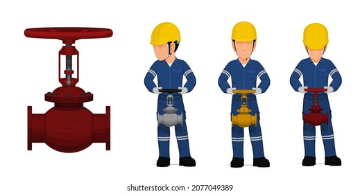 set of worker is operating gate valve on white background
