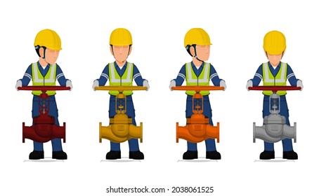 set of worker is operating globe valve on white background