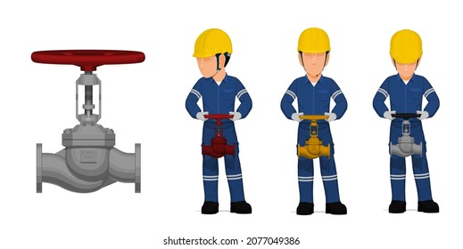 set of worker is operating globe valve on white background
