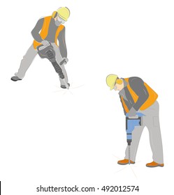 a set of worker with pneumatic hammer drill equipment isolated on white. vector illustration