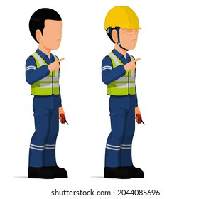 set of worker is pointing to something on white background