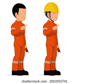 set of worker is pointing to something on white background