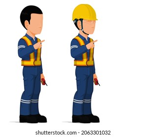 set of worker is pointing to something on white background