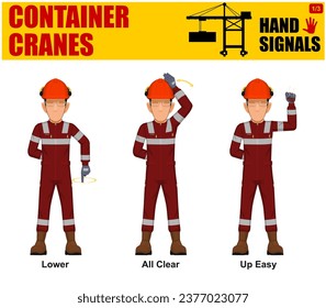 Set of worker present container cranes hand signal on white background