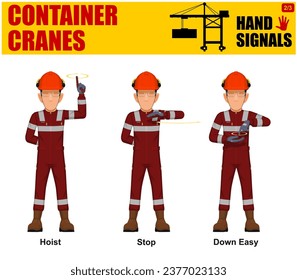 Set of worker present container cranes hand signal on white background