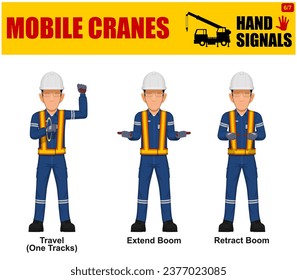 Set of worker present mobile cranes hand signal on white background