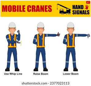 Set of worker present mobile cranes hand signal on white background