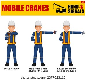 Set of worker present mobile cranes hand signal on white background