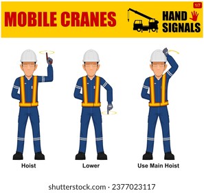 Set of worker present mobile cranes hand signal on white background