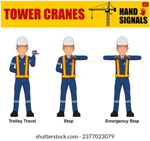 Set of worker present Tower cranes hand signal on white background