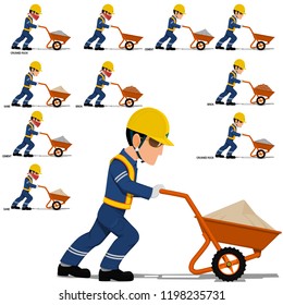 Set of worker is pushing with construction material (sand ,cement,crushed rock, brick) on transparent background