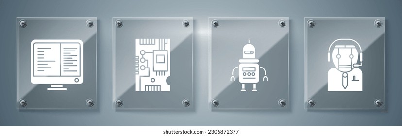 Set Worker robot, Robot, Electronic computer components motherboard digital chip and Computer monitor screen. Square glass panels. Vector