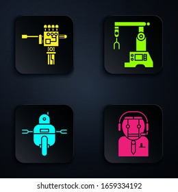 Set Worker robot, Mechanical robot hand and screwdriver, Robot and Assembly line. Black square button. Vector