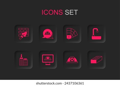 Conjunto Casco de seguridad del trabajador, pared de ladrillo con paleta, lavabo, guía de la paleta de colores e icono de paisaje de la ciudad. Vector