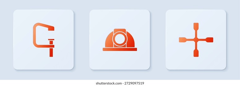 Conjunto Casco de seguridad de trabajador, herramienta de abrazadera y tornillo y llave de rueda. Botón cuadrado blanco. Vector