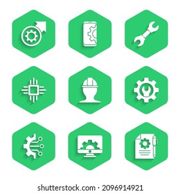 Set Worker safety helmet, Computer monitor and gear, Document settings pen, Wrench spanner, Algorithm, Processor with microcircuits CPU,  and Gear arrows as workflow process icon. Vector