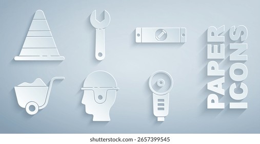 Conjunto Casco de seguridad de trabajador, nivel de burbuja de construcción, pala, amoladora angular, llave inglesa e icono de cono de tráfico. Vector