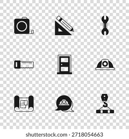 Set Worker safety helmet, Crane hook, Closed door, Wrench spanner, Roulette construction, Triangular ruler and pencil and Hand saw icon. Vector