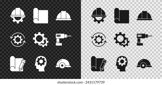 Conjunto de casco y equipo de seguridad del trabajador, papel gráfico para la ingeniería, lápiz, cabeza humana con el interior, flechas de engranaje como flujo de trabajo e icono. Vector