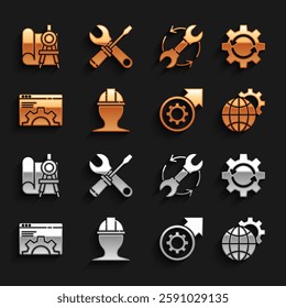 Set Worker safety helmet, Gear and arrows as workflow, Globe of the Earth gear, process, Browser setting, Wrench, Graphing paper compass and Screwdriver wrench spanner icon. Vector