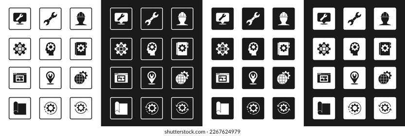 Helm für die Sicherheit der Arbeiter, menschlicher Kopf mit eingebautem Getriebe, Prozessor, Positionspanner, Benutzerhandbuch, Schlüssel, Globe der Erde und Haushaltsplansymbol. Vektorgrafik