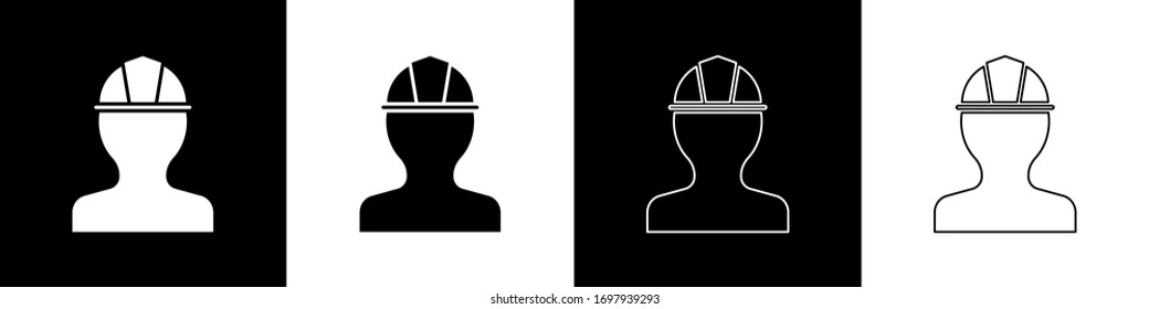 Set Worker safety helmet icon isolated on black and white background.  Vector Illustration