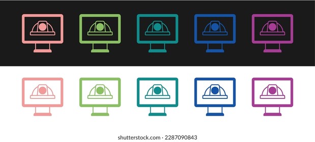 Setzen Sie ein Helm-Symbol für die Sicherheit der Arbeiter einzeln auf schwarz-weißem Hintergrund.  Vektorgrafik