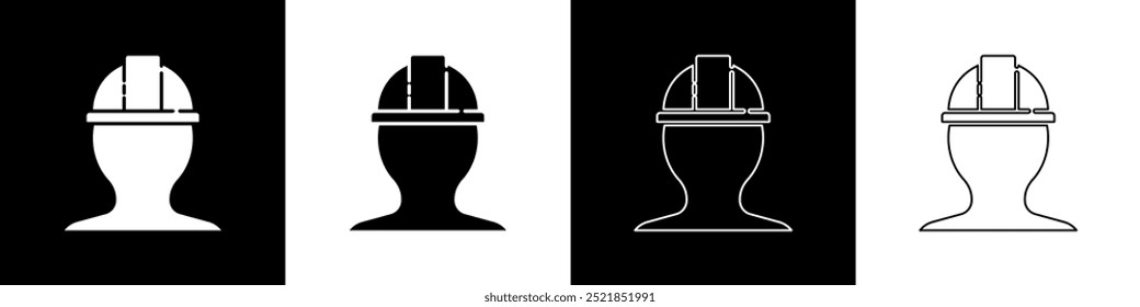 Set Worker safety helmet icon isolated on black and white background.  Vector Illustration