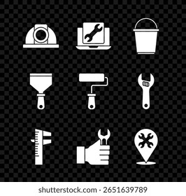 Set Worker safety helmet, Laptop service, Bucket, Calliper caliper and scale, Wrench spanner, Location with wrench, Putty knife and Paint roller brush icon. Vector