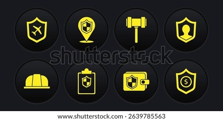 Set Worker safety helmet, Life insurance with shield, Document, Wallet, Judge gavel, Location, Shield dollar and Plane icon. Vector