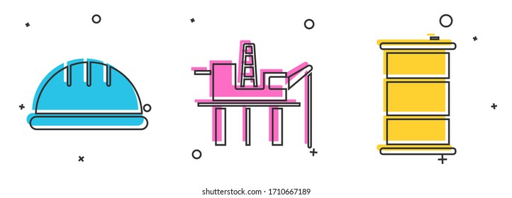 Set Worker safety helmet, Oil platform in the sea and Barrel oil icon. Vector