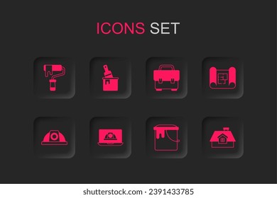 Set Worker safety helmet, Paint bucket with brush, roller, House plan, Toolbox and  icon. Vector