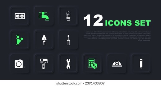 Set Worker safety helmet, Pencil with eraser, Trowel, Security keypad access panel, Industry metallic pipe, Paint roller brush, Water tap and Wrench spanner icon. Vector