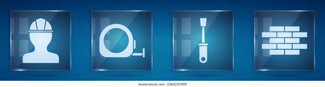 Set Worker safety helmet, Roulette construction, Screwdriver and Bricks. Square glass panels. Vector