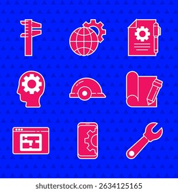 Set Worker safety helmet, Setting on smartphone, Wrench spanner, Graphing paper and pencil, House plan, Human head with gear inside, Document settings and Calliper caliper scale icon. Vector