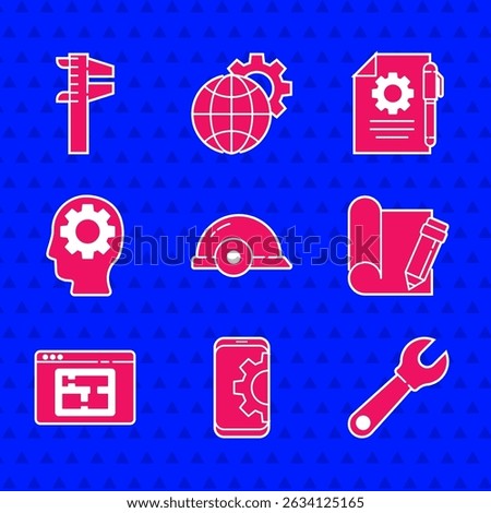 Set Worker safety helmet, Setting on smartphone, Wrench spanner, Graphing paper and pencil, House plan, Human head with gear inside, Document settings and Calliper caliper scale icon. Vector