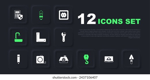 Set Worker safety helmet, Trowel, Corner ruler, Crane hook, Washbasin, Roulette construction, Light bulb and House icon. Vector