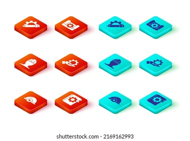 Set Worker safety helmet, User manual, Settings in the hand, Graphing paper gear and Pencil icon. Vector