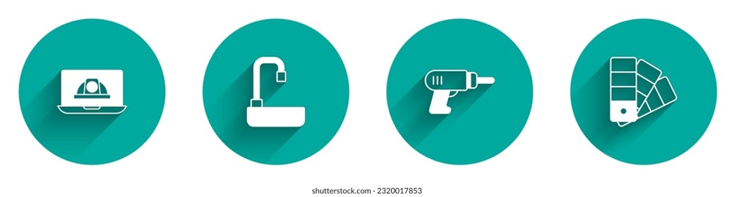 Set Worker safety helmet, Washbasin, Electric drill machine and Color palette guide icon with long shadow. Vector