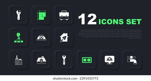 Set Worker safety helmet, Water tap, Electrical outlet, Crane hook, House, plan and Wrench spanner icon. Vector