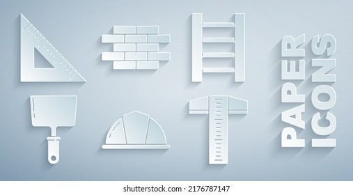 Set Worker safety helmet, Wooden staircase, Putty knife, T-square line, Bricks and Triangular ruler icon. Vector